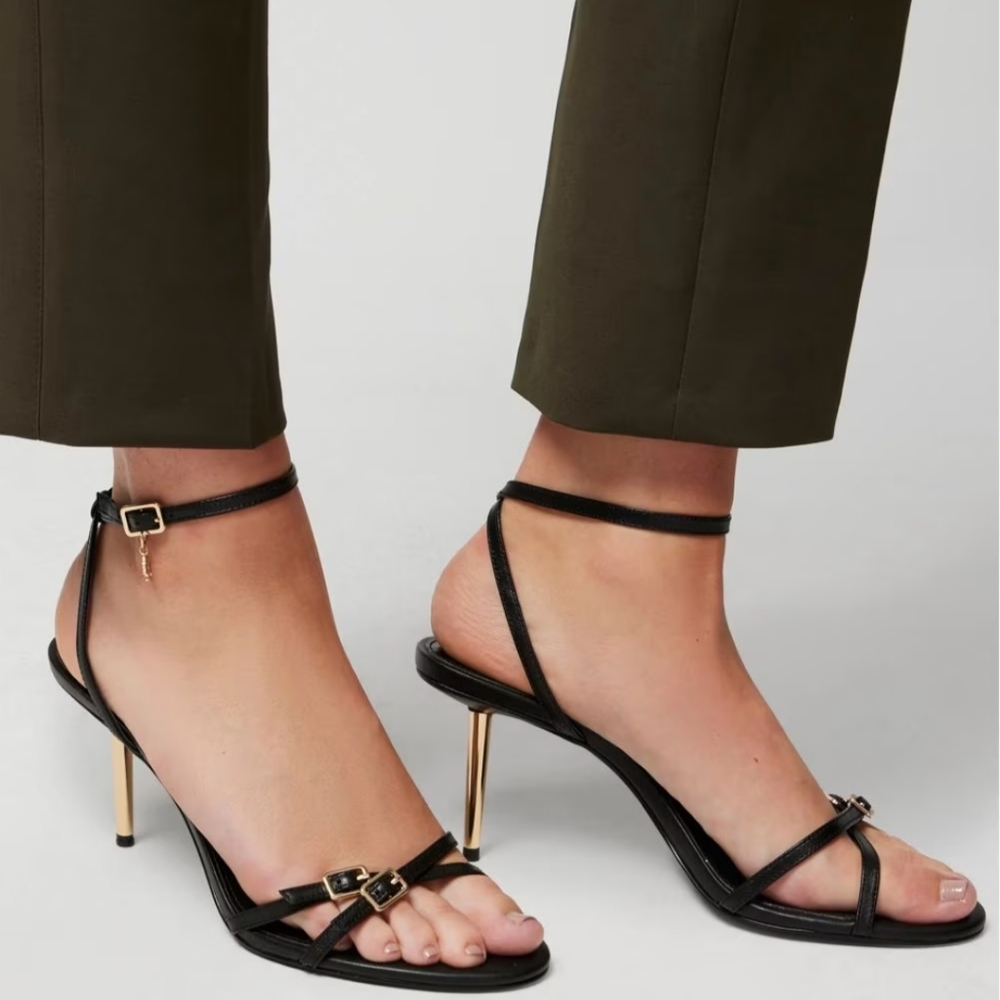 WHBM Black Strappy Gold Heels NEW IN BOX